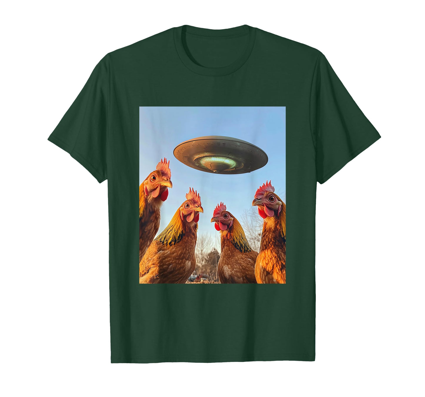 Chicken Selfie with UFOs Aliens Funny Graphic T-Shirt