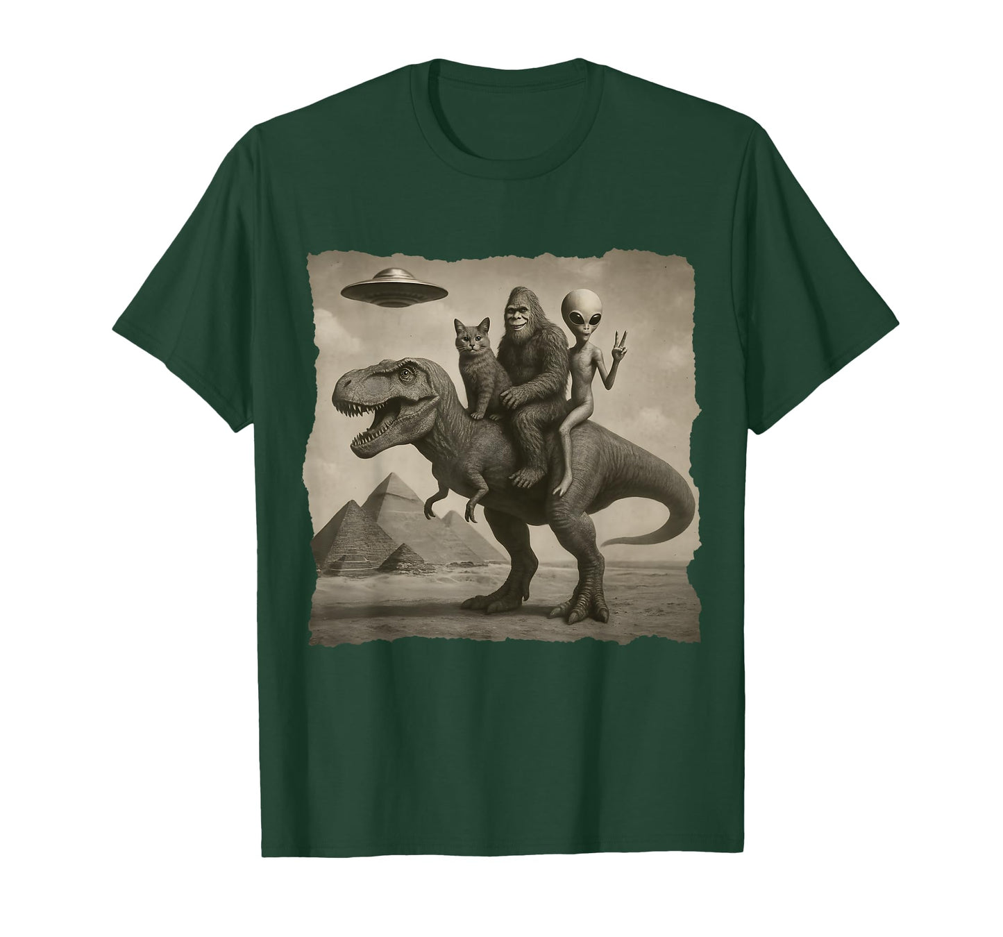 Funny Cat Alien and Bigfoot Riding Dinosaur T-Rex. UFO Lover T-Shirt