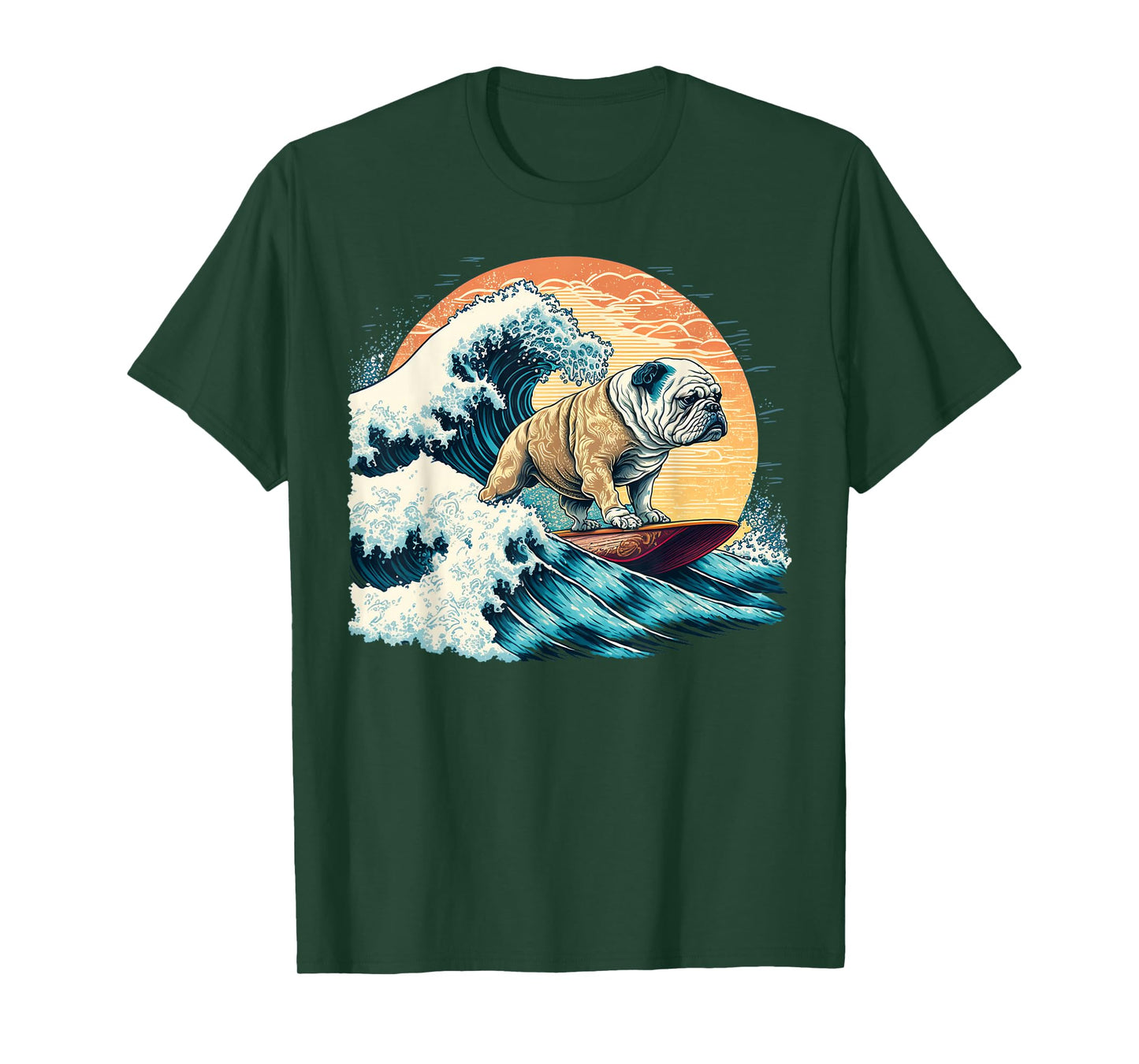 English Bulldog Surfing On the Great Wave of Kanagawa T-Shirt