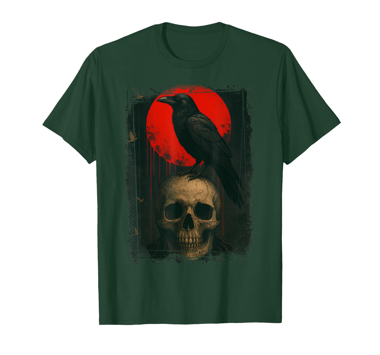 Red Moon Black Raven Skull Graphic Black Crow T-Shirt