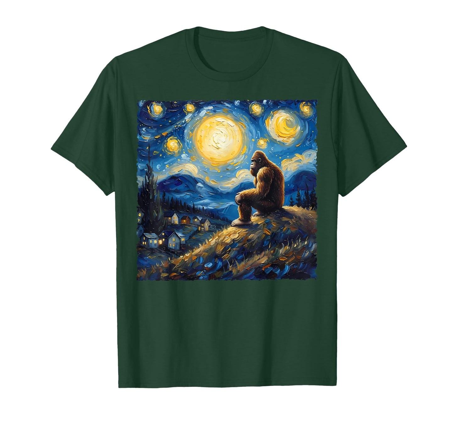 Van Gogh Style Funny Bigfoot Lover Starry Night Painting T-Shirt