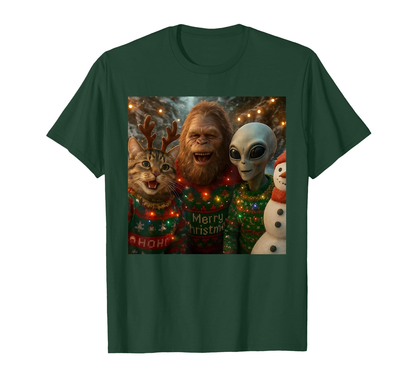 Funny Christmas Cat Selfie with Bigfoot Alien Ugly Sweater T-Shirt
