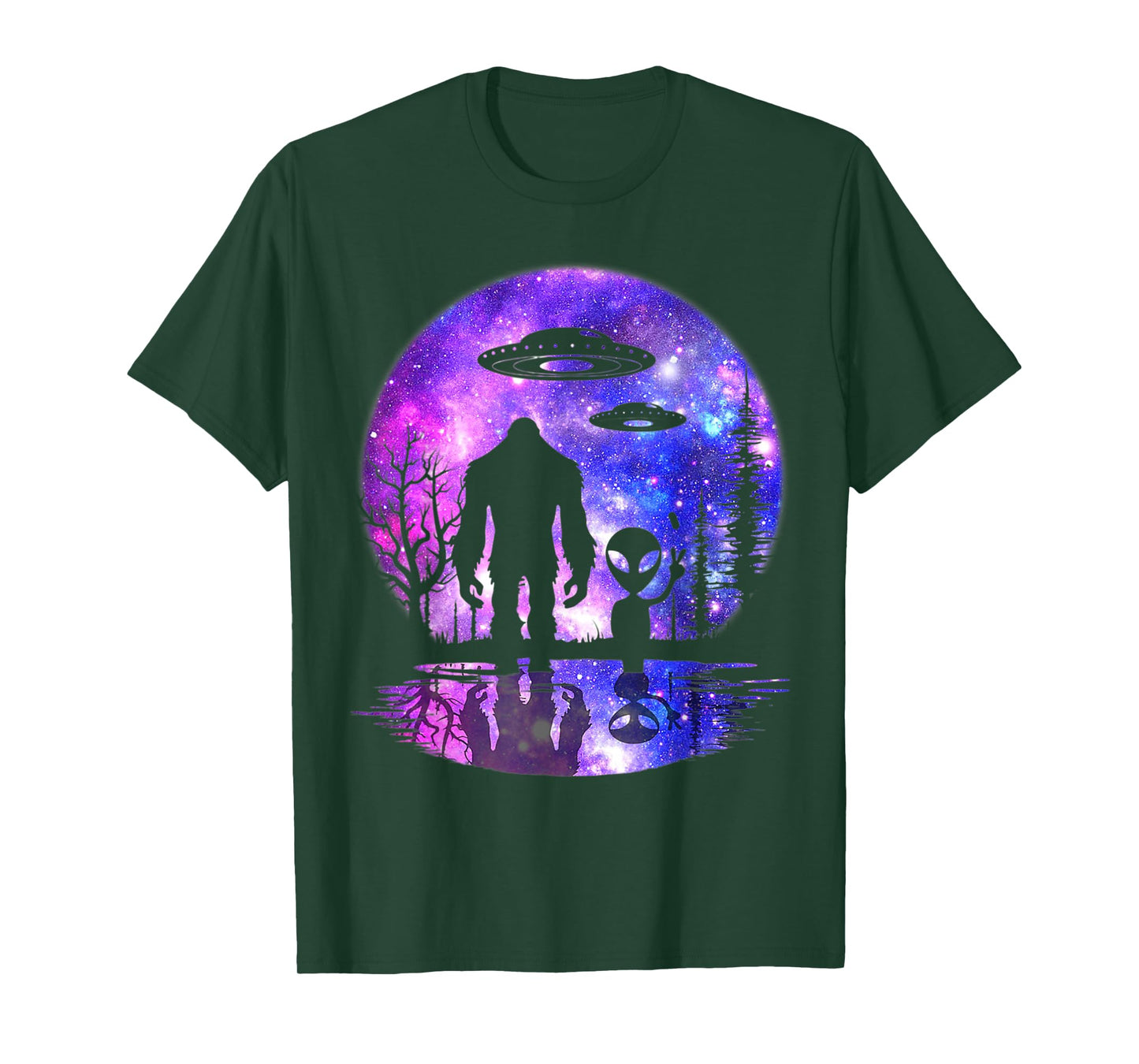 Alien And Bigfoot Full Moon Sasquatch UFO T-Shirt