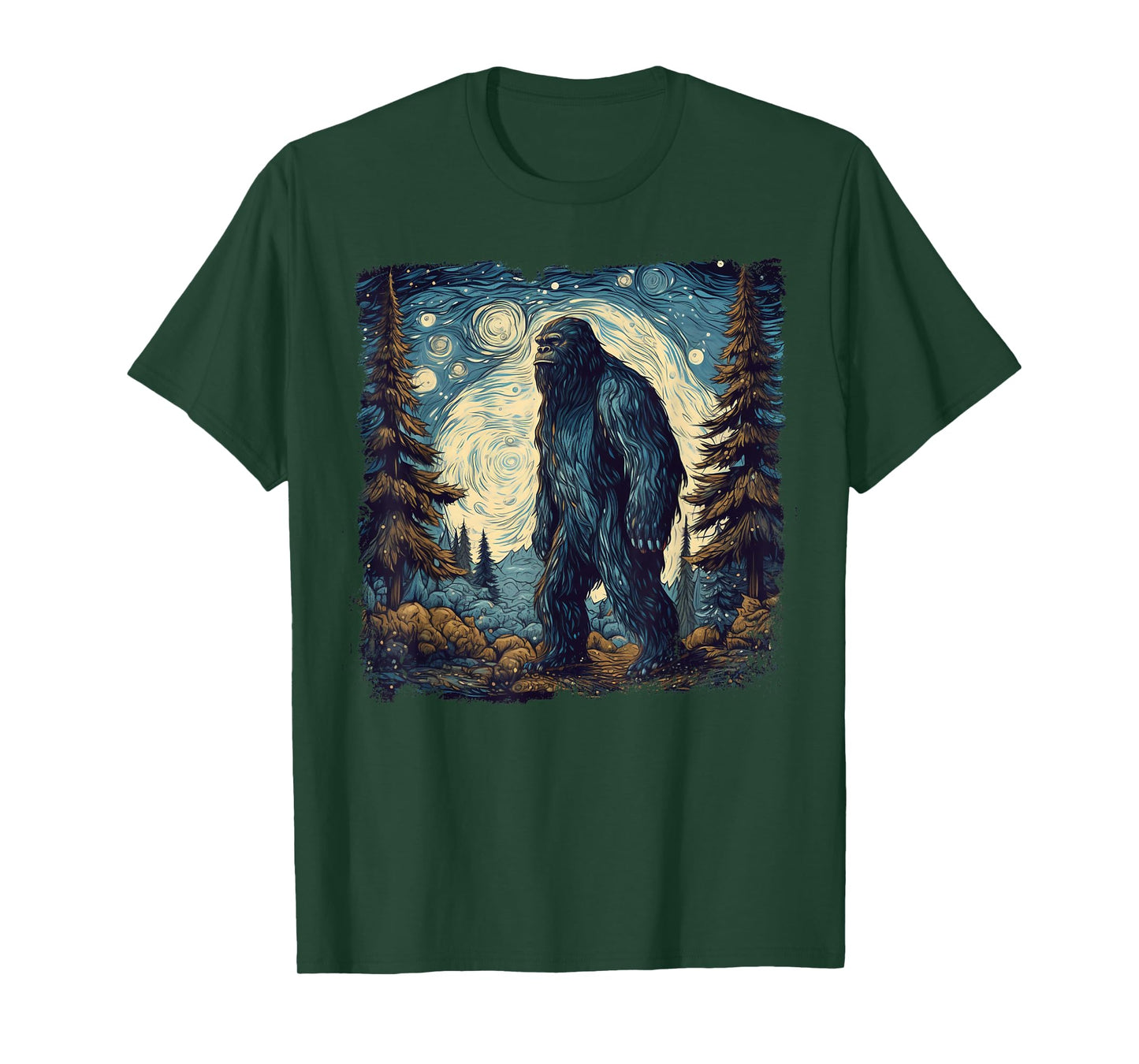 Bigfoot Starry Night Sasquatch Van Gogh Painting T-Shirt