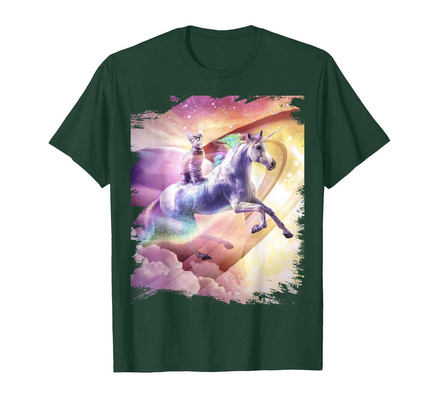 Rainbow Galaxy Cat Riding Unicorn in Space T-Shirt for Men Women Girls Kids