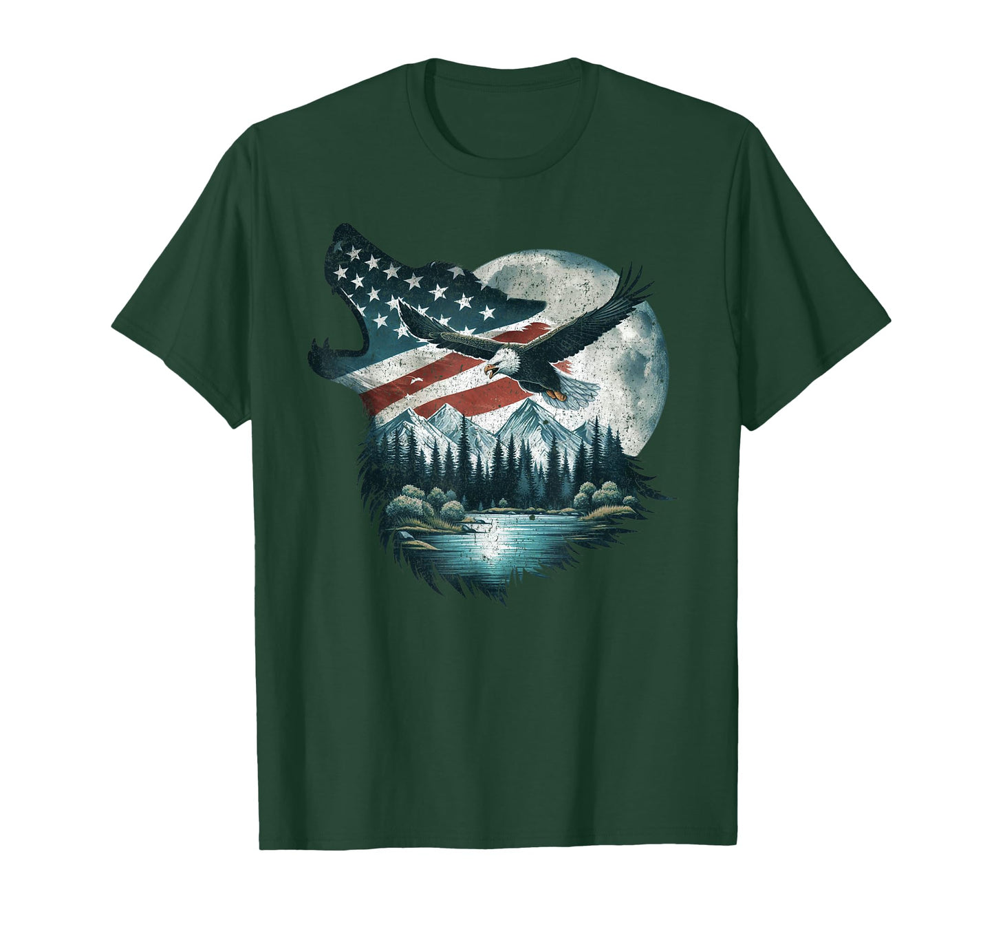 Bald Eagle Wolf US Flag 4th Of July Patriotic Man Woman T-Shirt