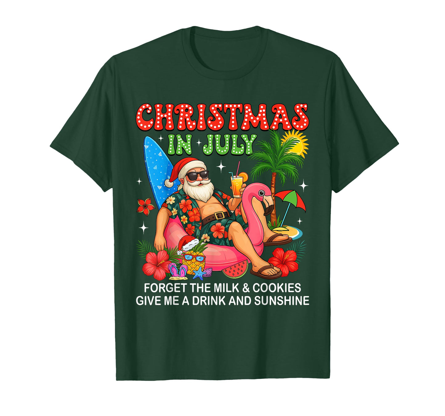 Christmas In July Boys Girls Kids Santa Flamingo Summer Xmas T-Shirt