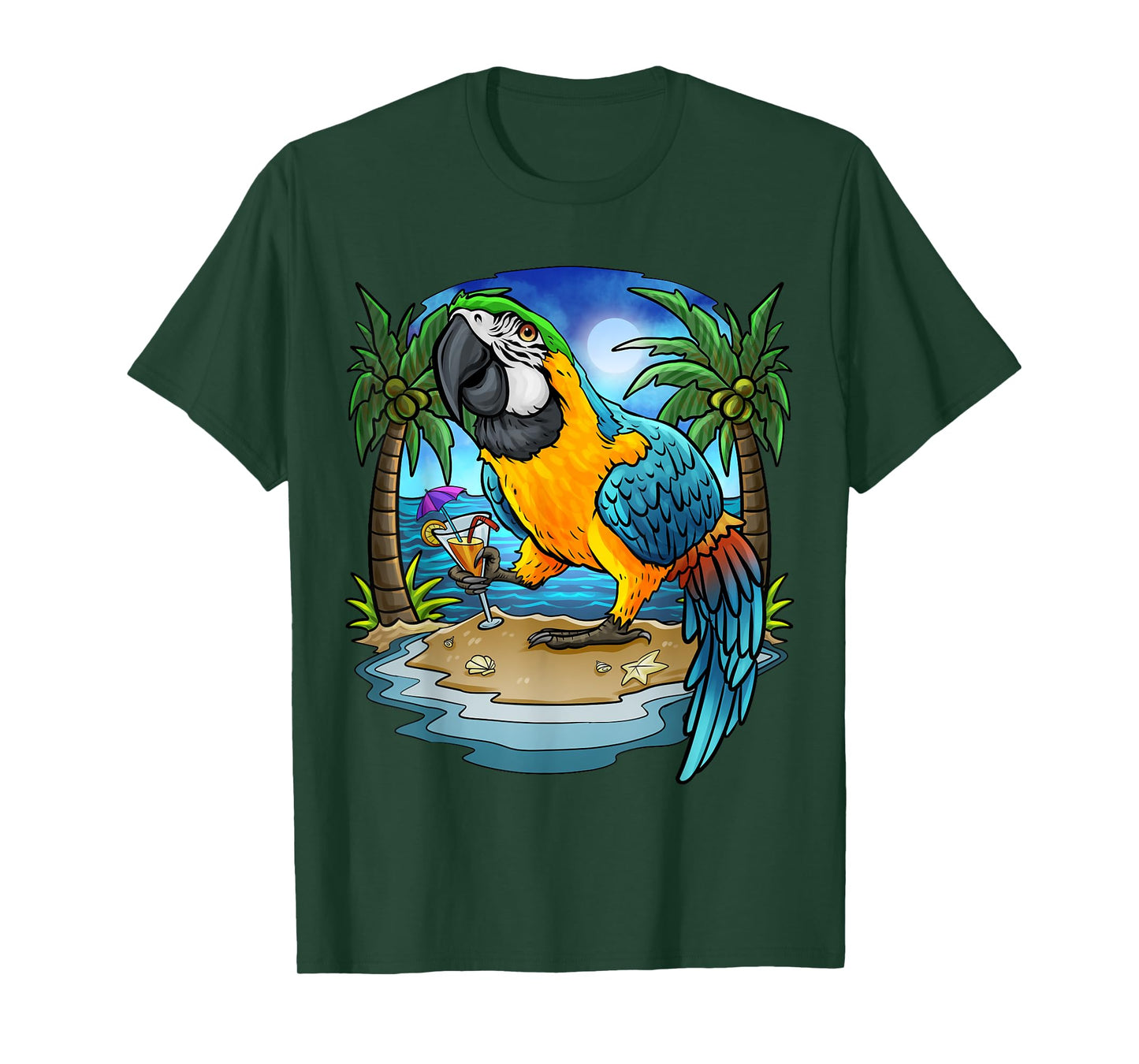Blue and Gold Macaw Parrot Drinking Margaritas Vacation Bird T-Shirt