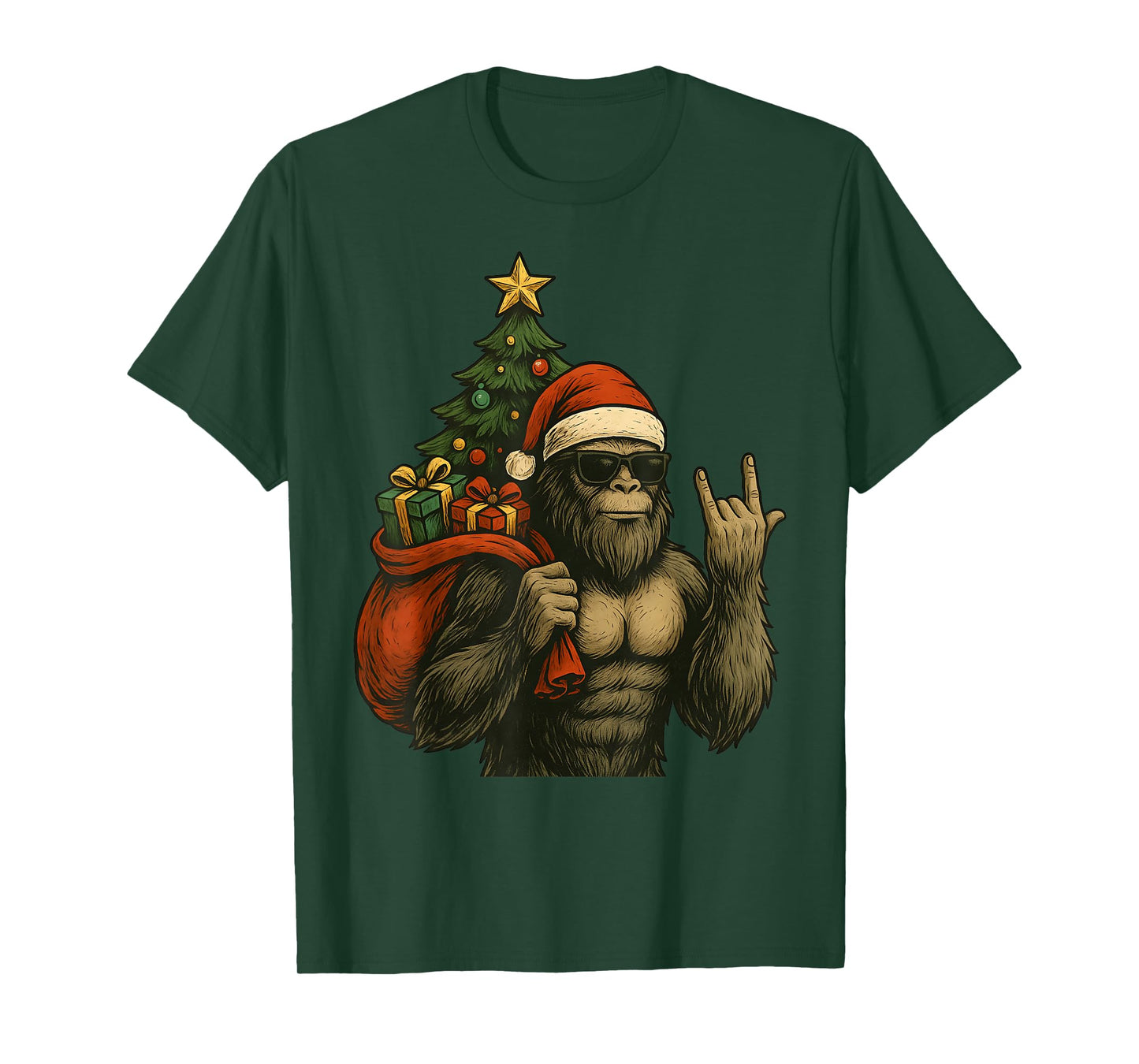 Bigfoot Santa Christmas Tree Rock On Funny Xmas Sasquatch T-Shirt