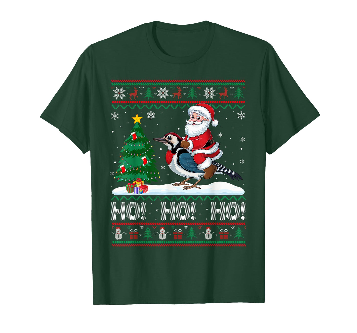 Xmas Tree Lighting Santa Riding Woodpecker Christmas T-Shirt