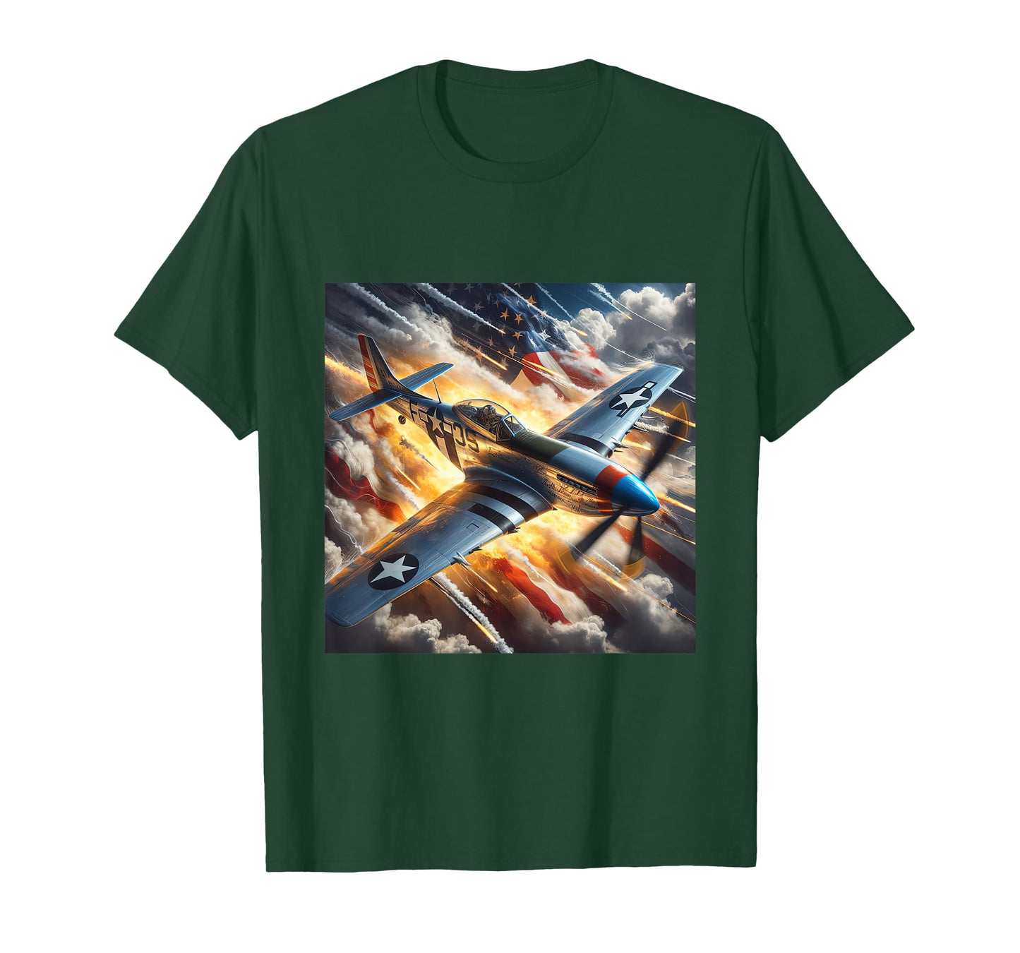WWII Warbirds | P-51 Mustang in Dynamic Sky US Flag T-Shirt
