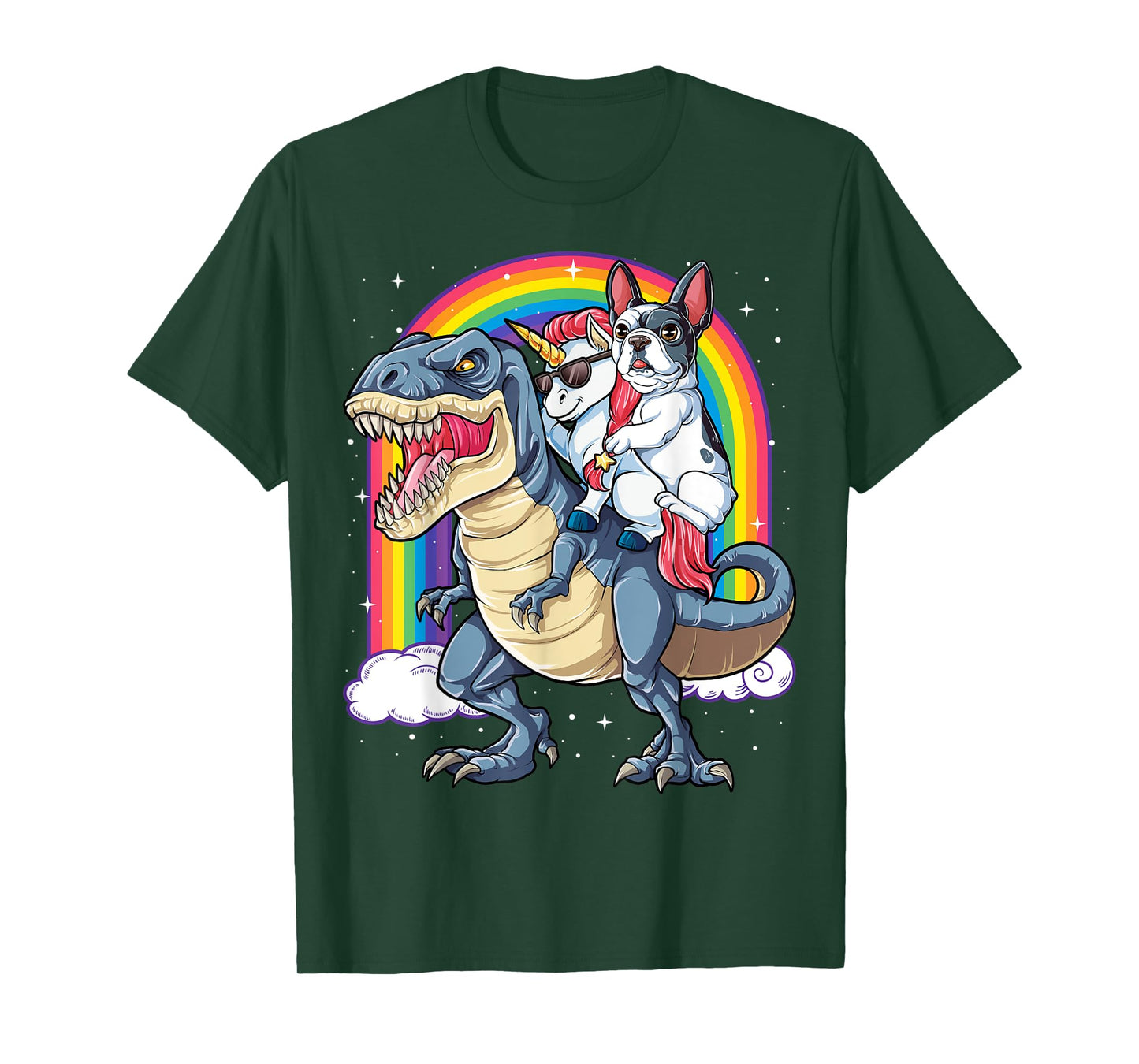 French Bulldog Unicorn Riding Dinosaur T rex Gifts Girls T-Shirt