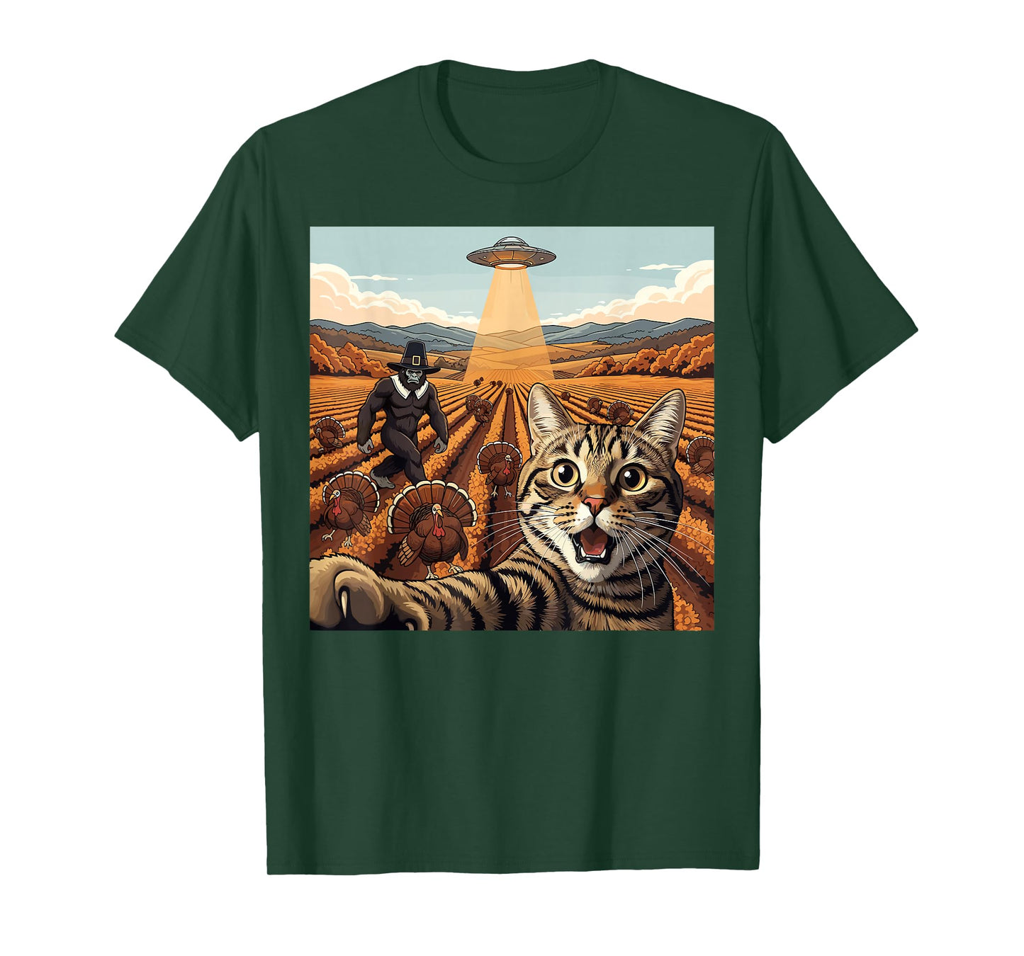 Thanksgiving Turkey Cat Selfie UFO Bigfoot Pilgrim T-Shirt