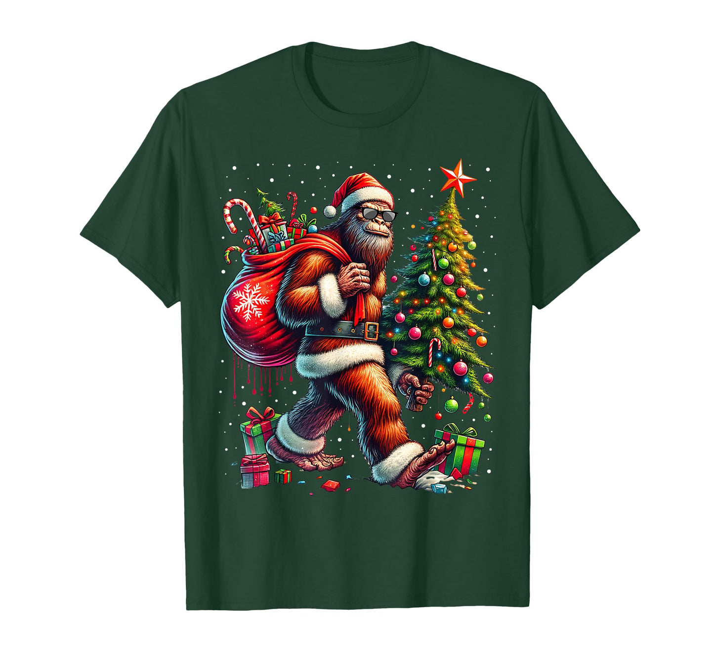 Santa Bigfoot Christmas Tree Xmas Lights Funny Sasquatch T-Shirt