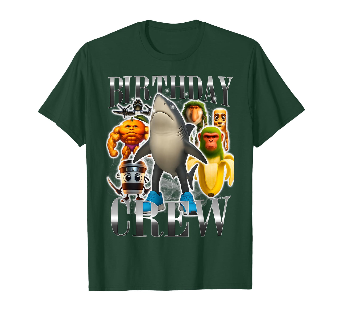 Birthday Crew Funny Italian Brainrot Meme Shark Monkey T-Shirt