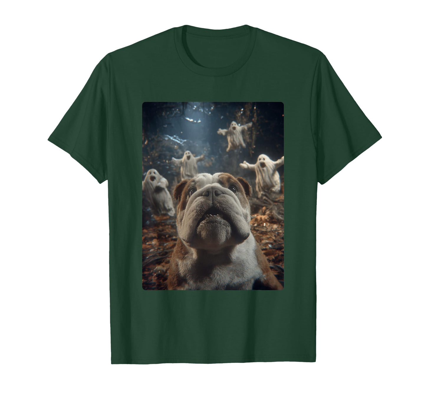 British Bulldog Selfie Ghosts Haunted Forest Halloween Dog T-Shirt