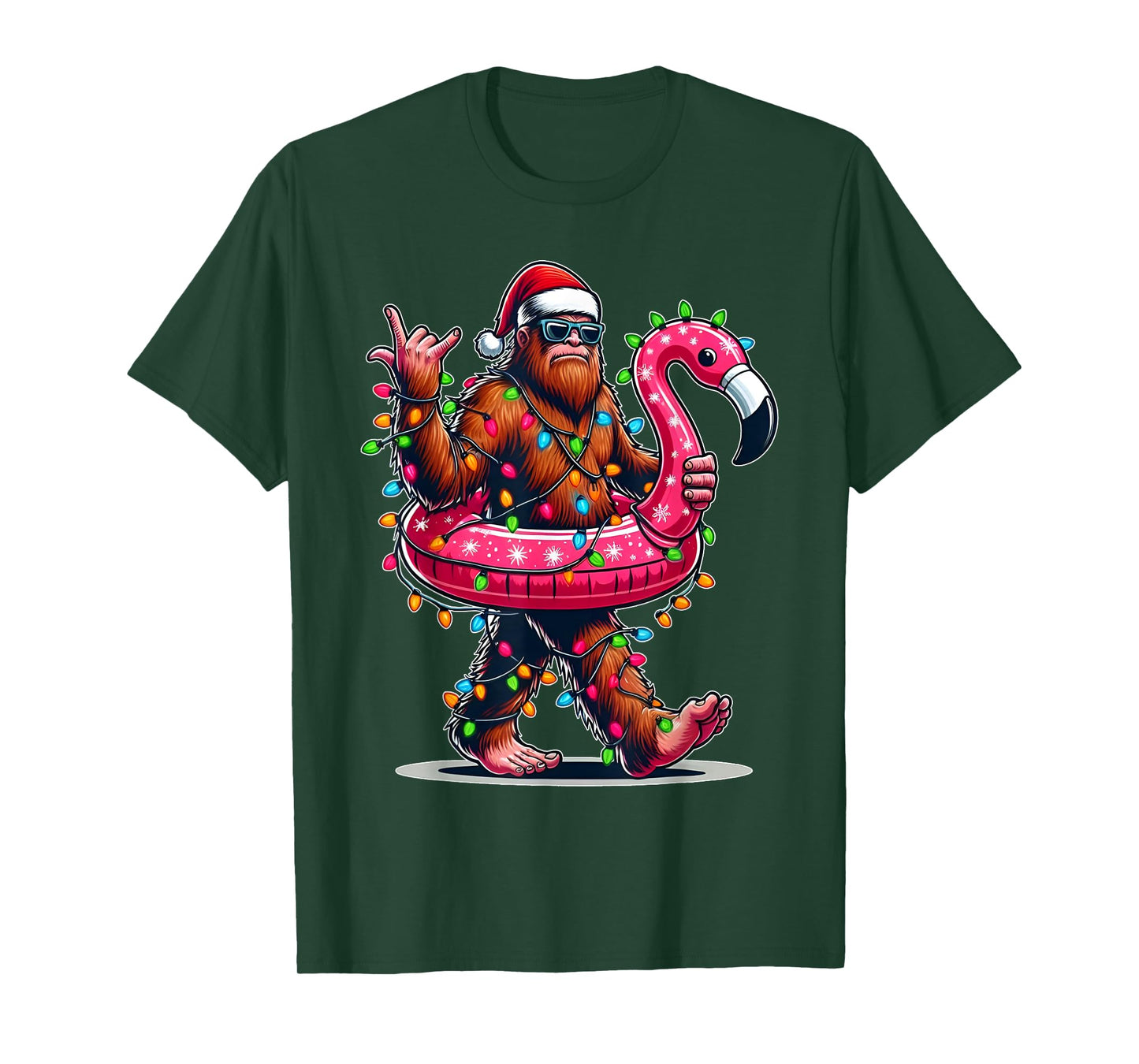 Santa Bigfoot Flamingo Christmas Light Funny Rock Sasquatch T-Shirt