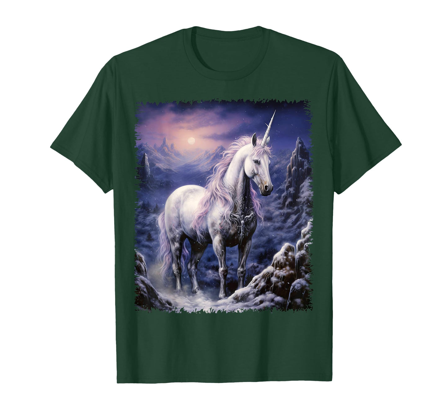 Fantasy white Unicorn standing in the snowy forest T-Shirt
