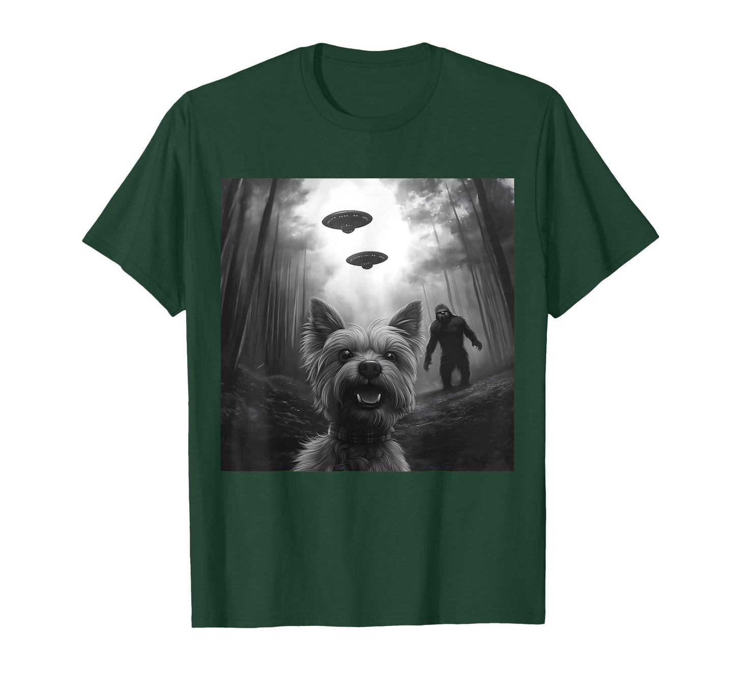 Yorkie vs. Bigfoot – Funny Yorkshire Terrier Alien Encounter T-Shirt