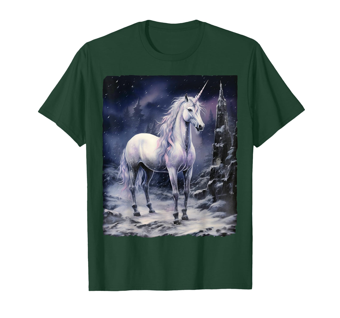 Fantasy white Unicorn standing on snowy mountain T-Shirt