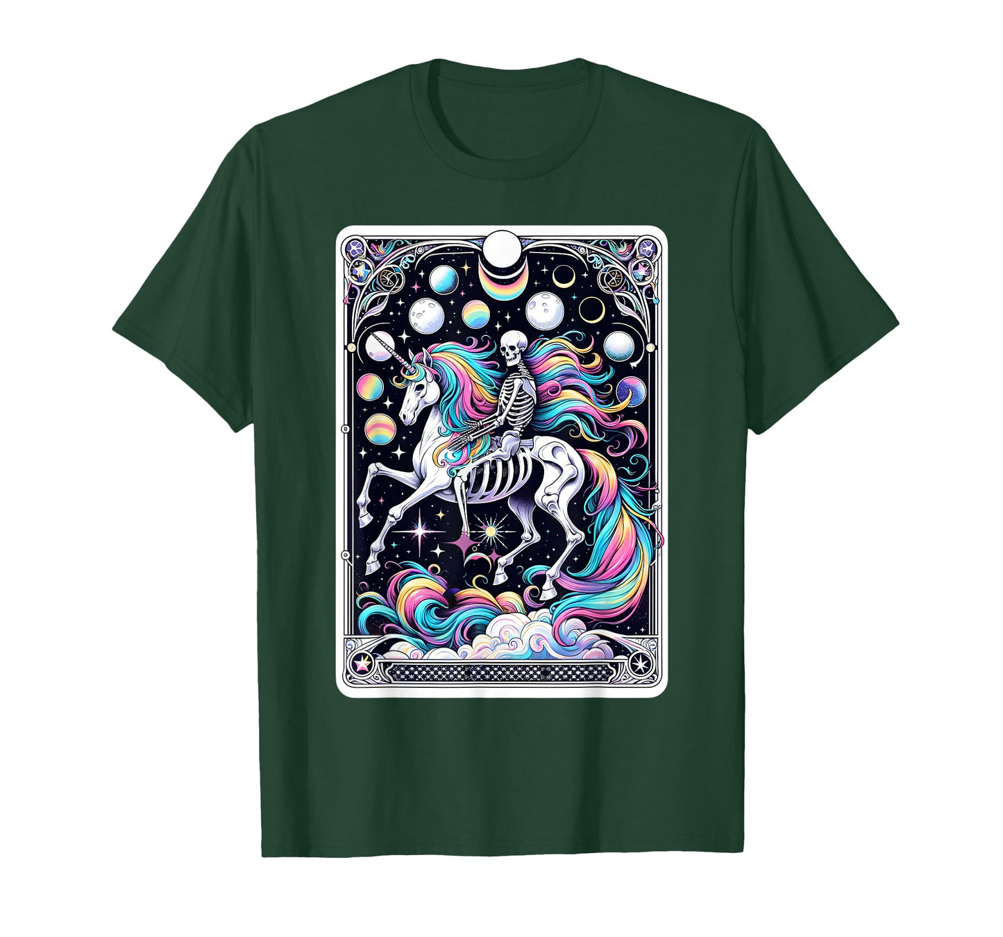 Skeleton Riding Unicorn Tarot Card Celestial Fantasy Art T-Shirt