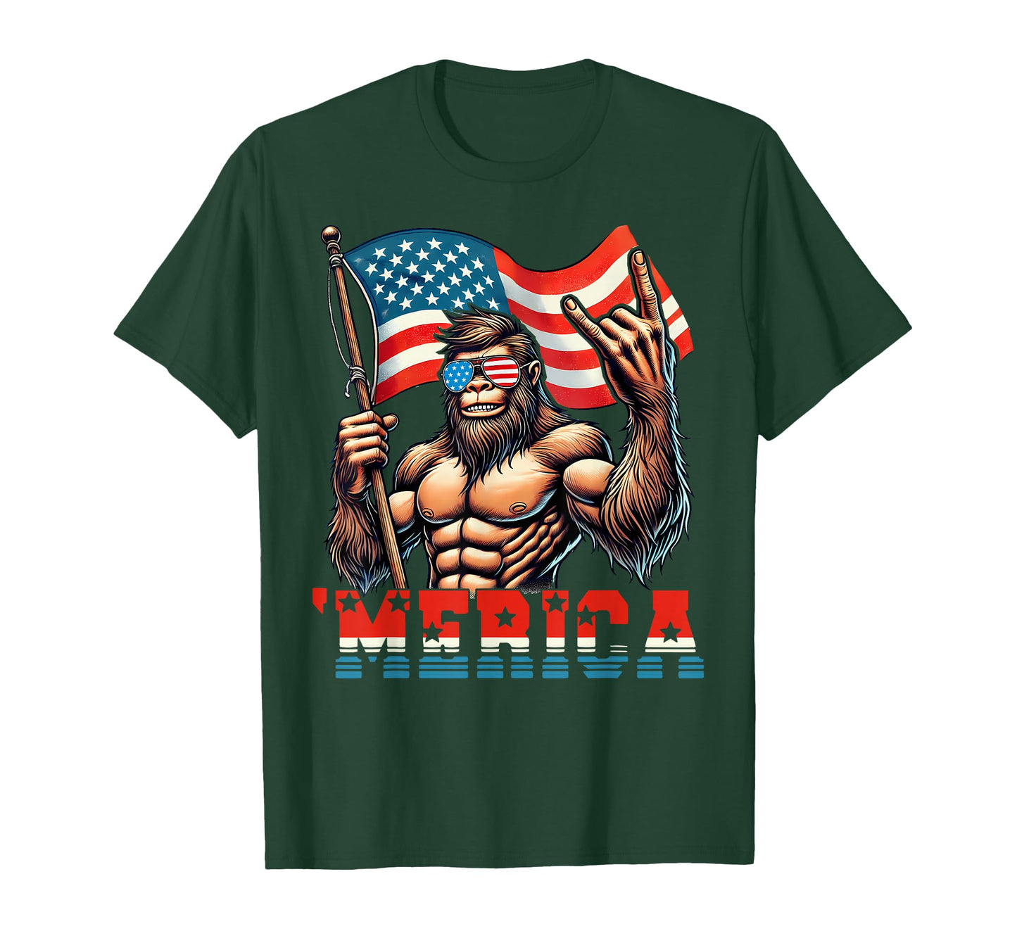 Bigfoot Merica Rock American Flag Patriotic 4th Of July T-Shirt