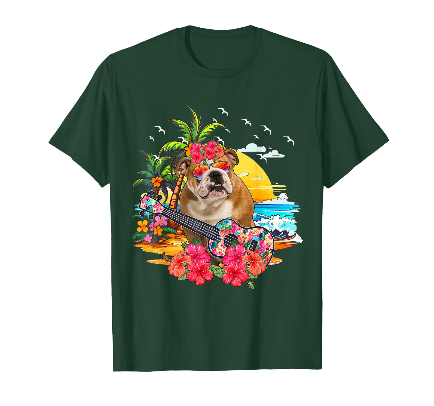 Hawaiian Floral Bulldog Sunglasses Playing Guitar On Beach T-Shirt