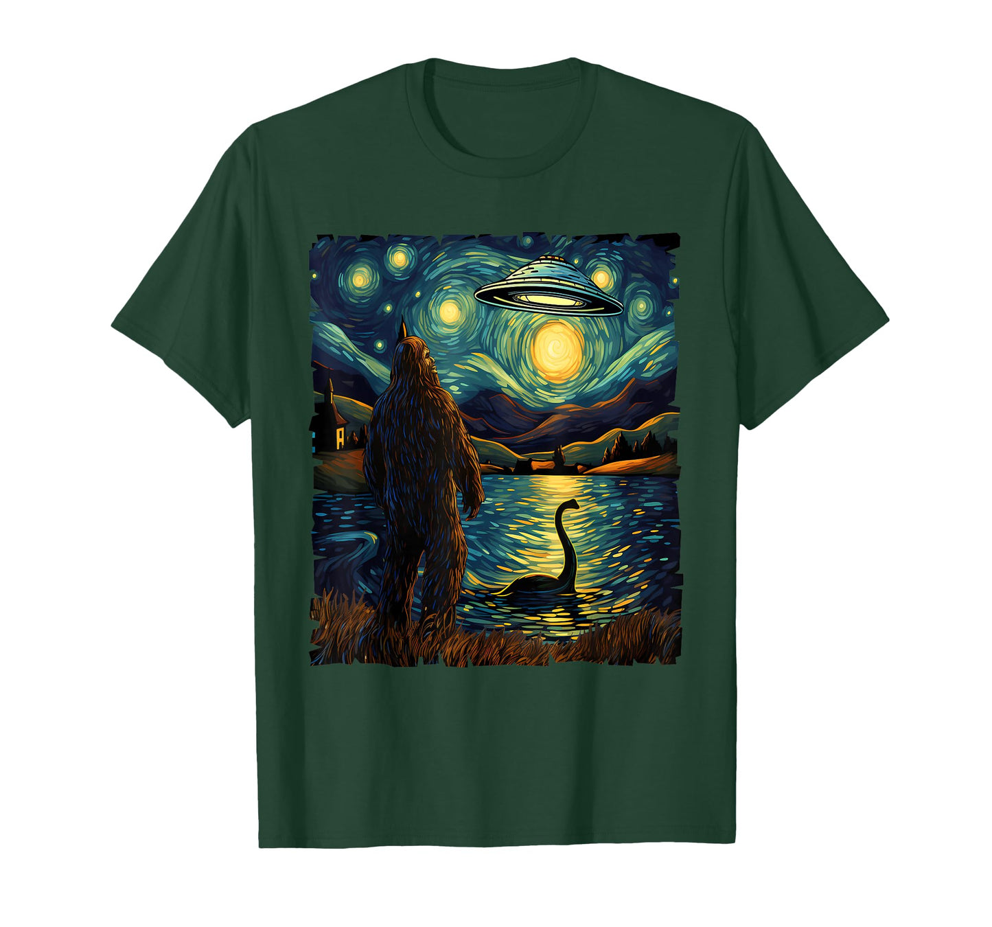 Funny Bigfoot UFO and Nessie Van Gogh Starry Night Painting T-Shirt