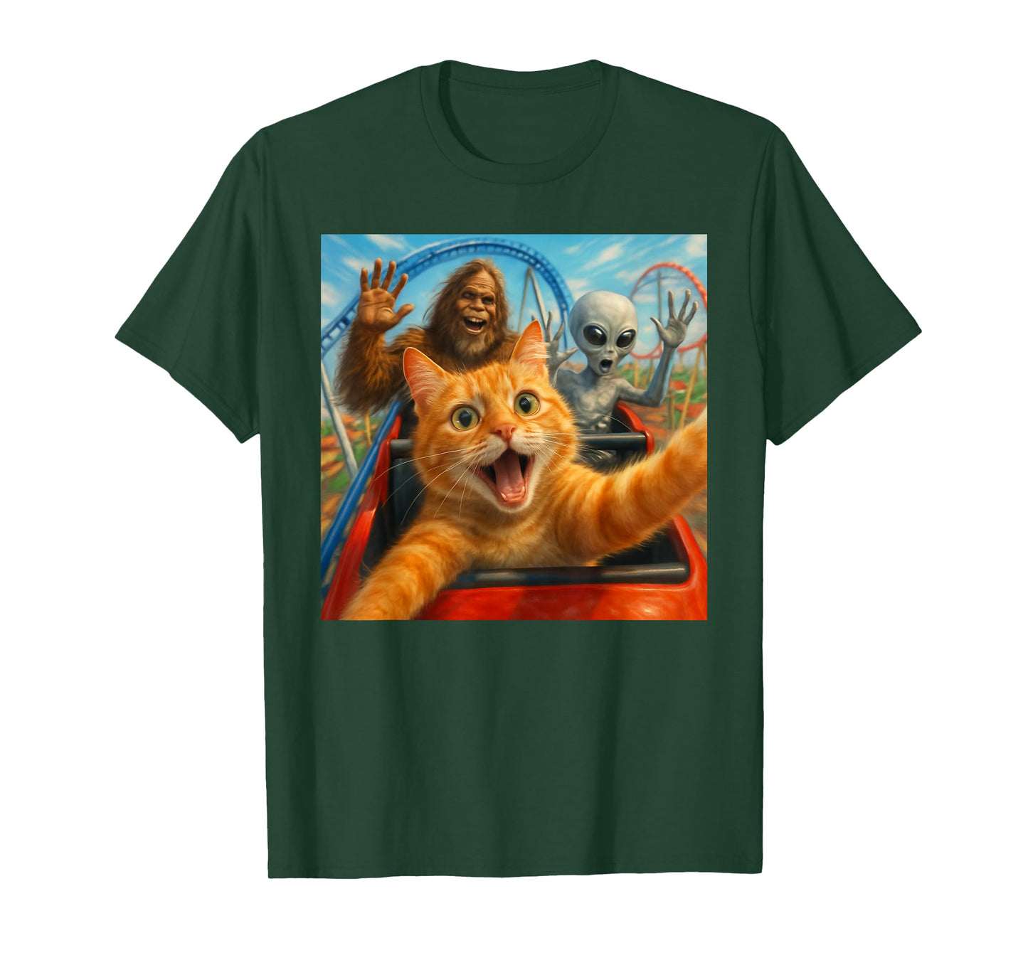 Funny Cat Selfie with Big Foot & Alien Roller Coaster Meme T-Shirt