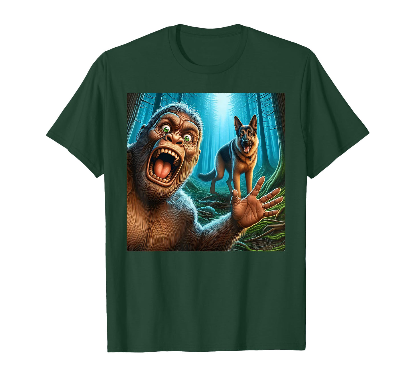 Bigfoot selfie with German shepherd surprised sasquatch T-Shirt