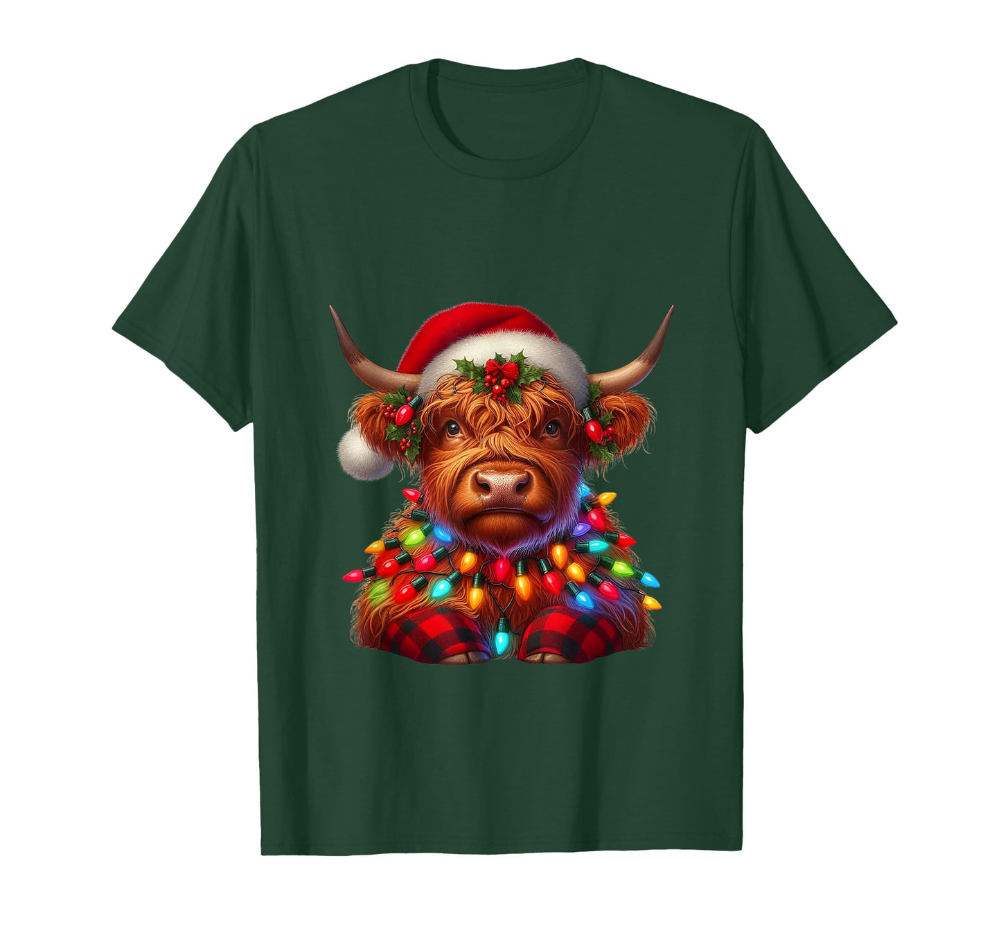 Scottish Highland Cow Christmas Santa Hat Lights Xmas Pajama T-Shirt