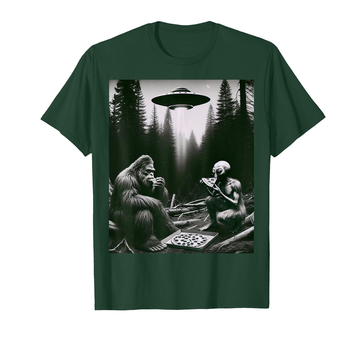 Funny Bigfoot With Alien Eating Pizza. Bigfoot And Alien UFO T-Shirt