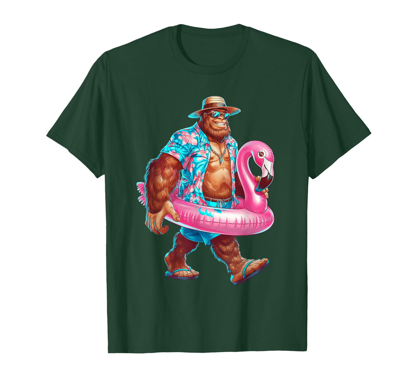 Hawaiian Bigfoot Sasquatch Pink Flamingo Pool Party Summer T-Shirt