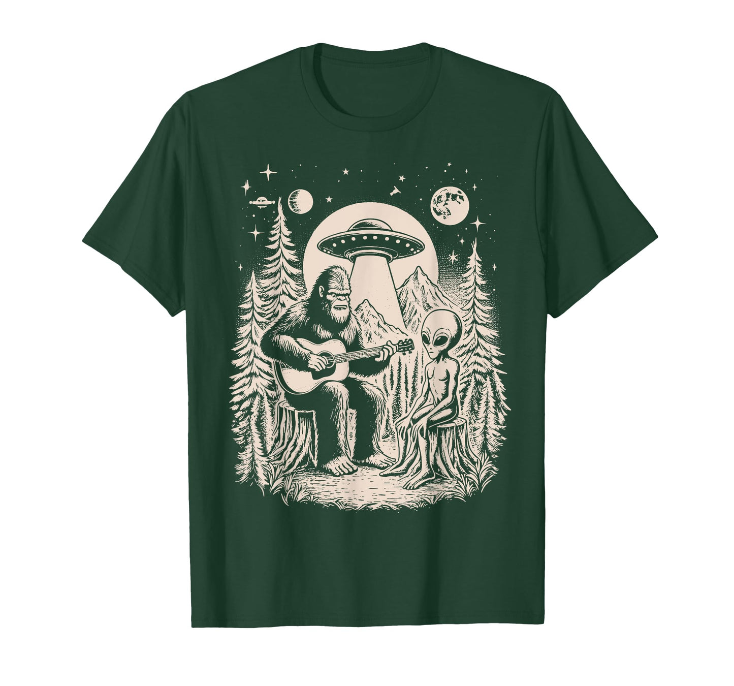Funny Big Foot Alien Spaceship Big Foot Sasquatch Ape Guitar T-Shirt