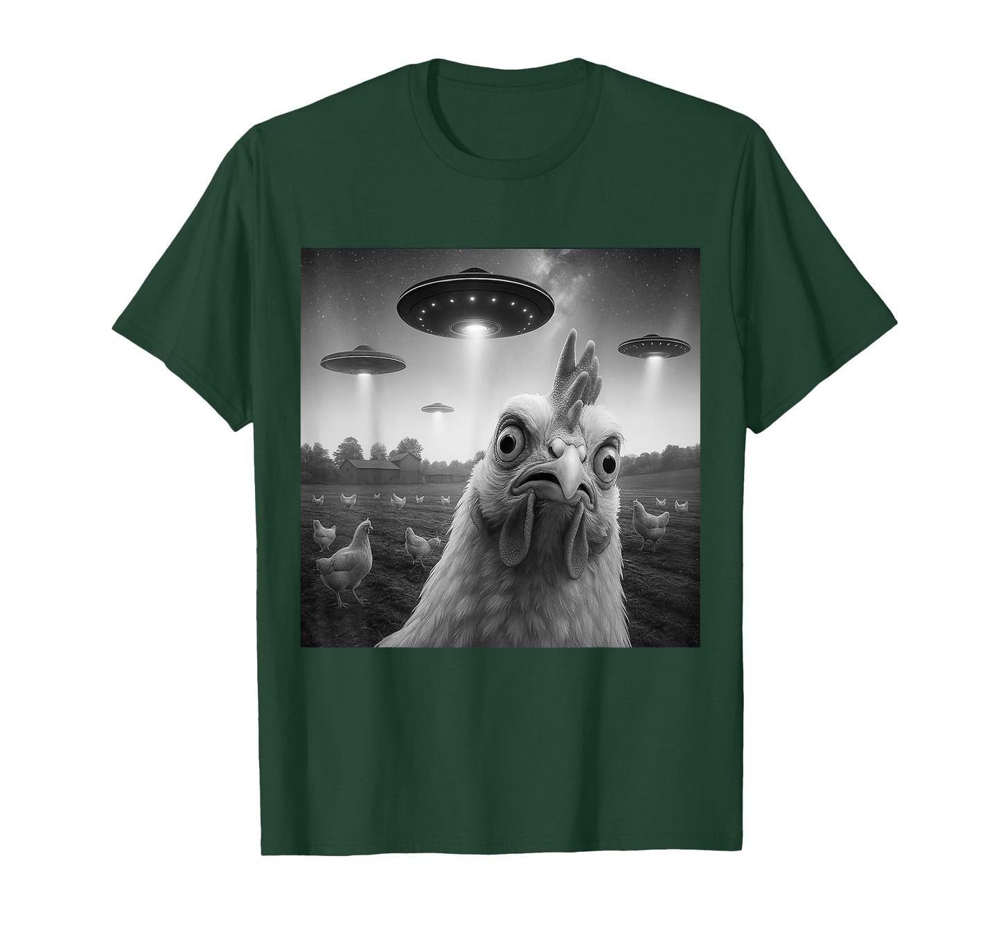 Chicken Rooster Funny Selfie Chicken with UFOs Weird Aliens T-Shirt