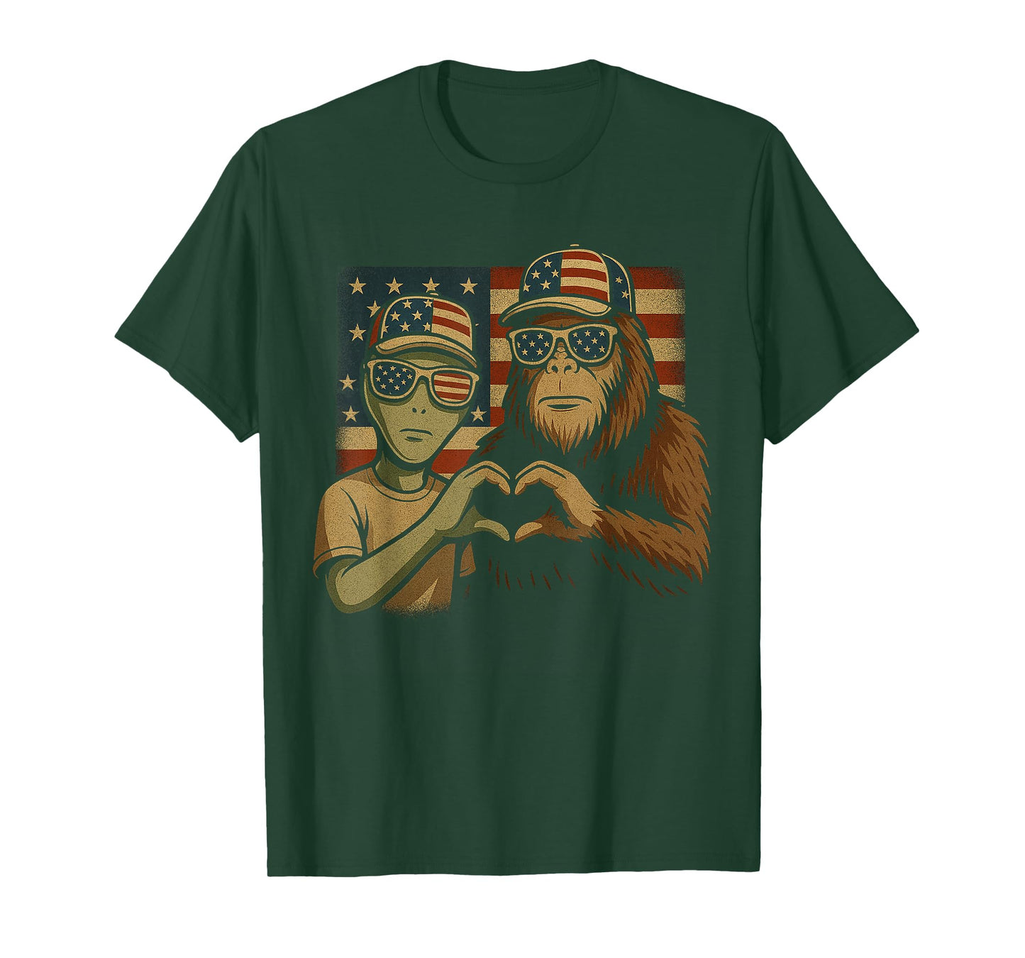 Funny Bigfoot Sasquatch UFO Bigfoot And Alien 4th Of July T-Shirt