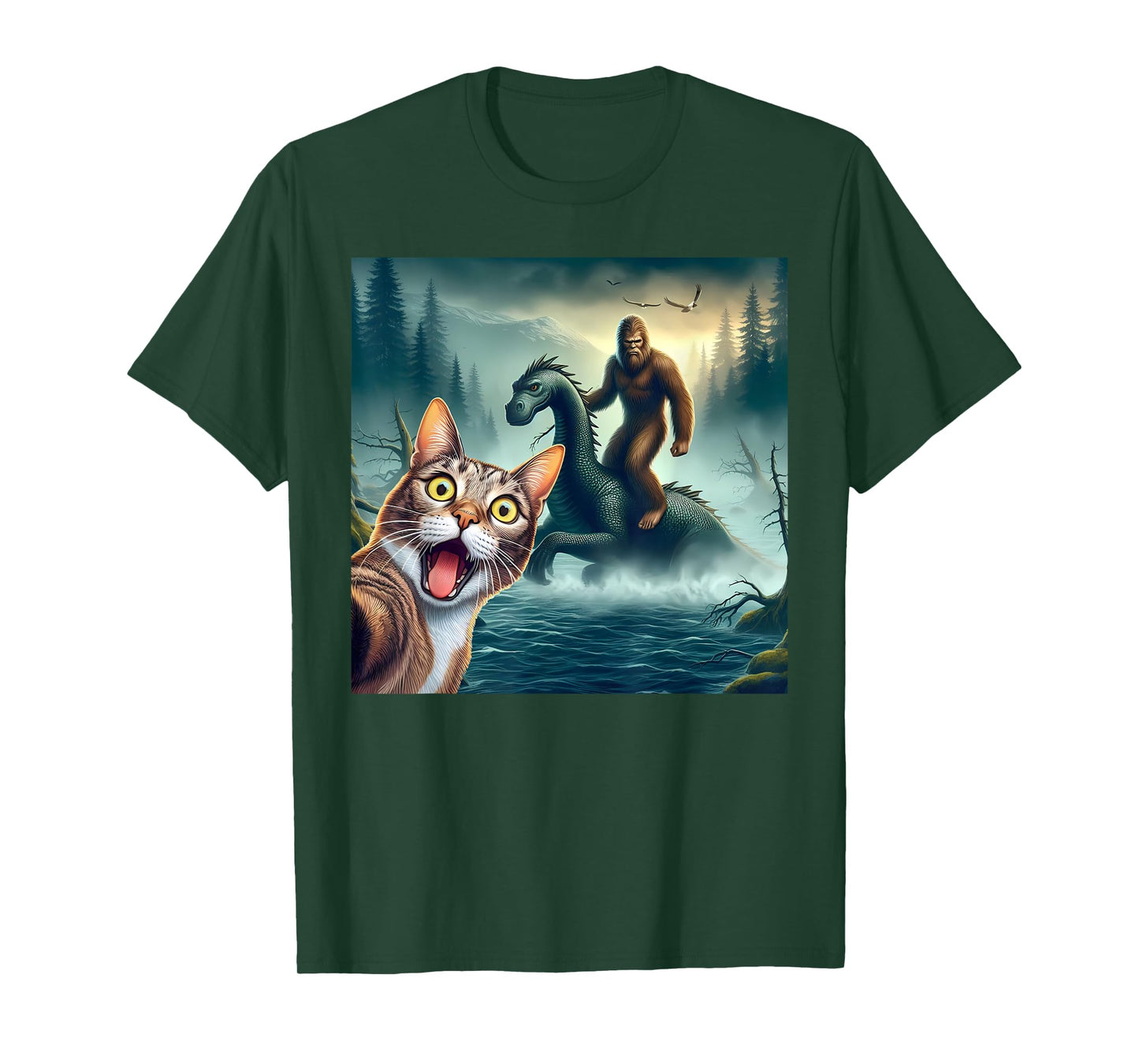 Cat Selfie bigfoot riding loch Ness monster surprised cat T-Shirt for Men Women Kids
