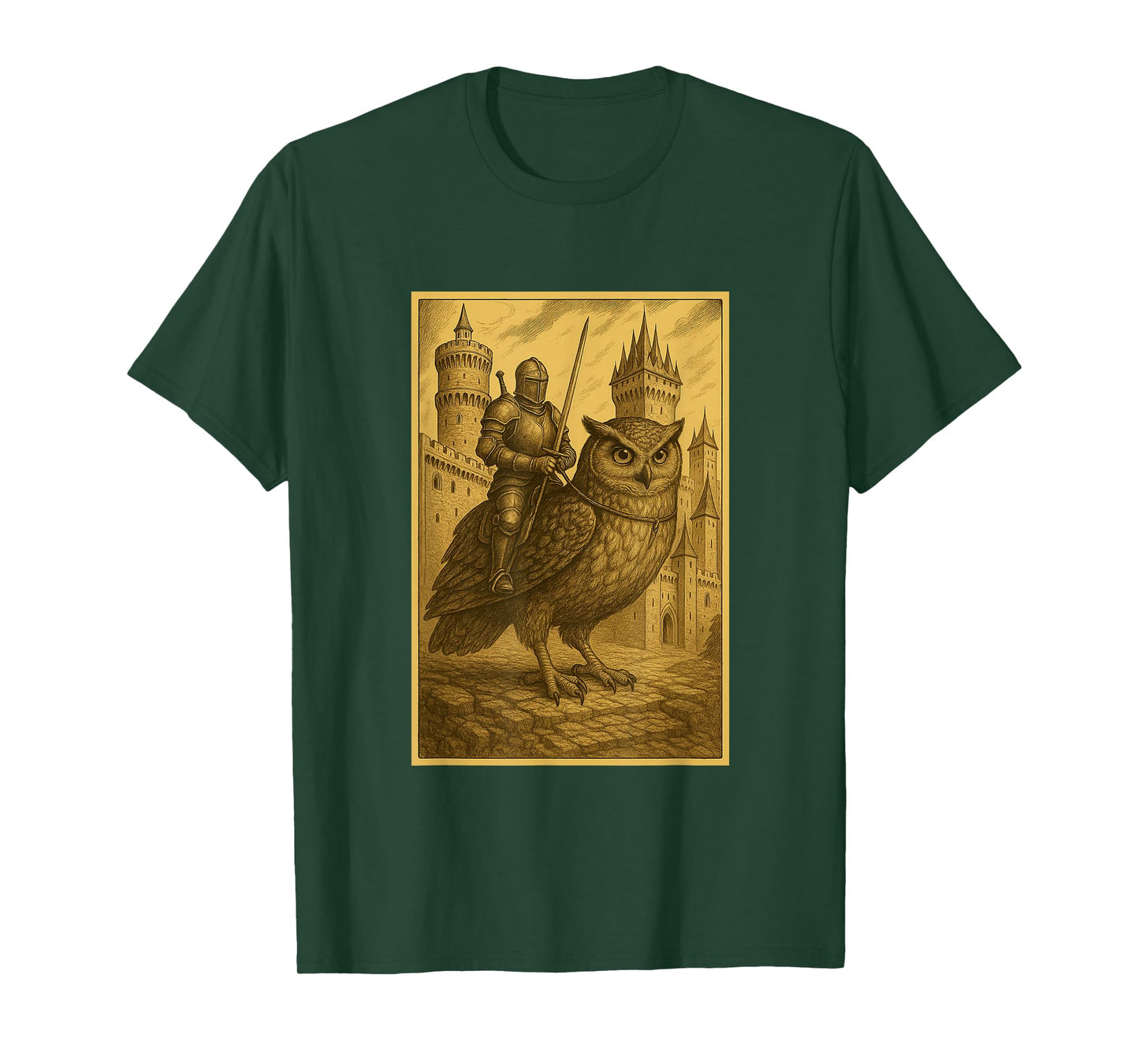 Medieval Knight Riding a Owl Fantasy Art Surreal Bird Rider T-Shirt