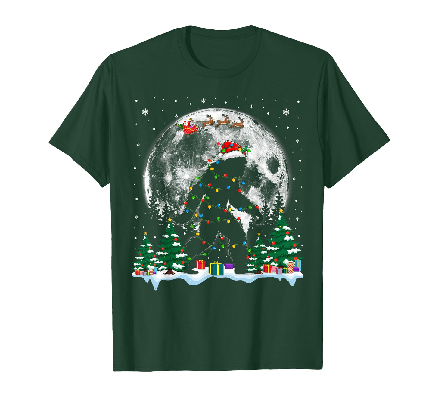 Santa Bigfoot Christmas Lights Funny Sasquatch Believe T-Shirt