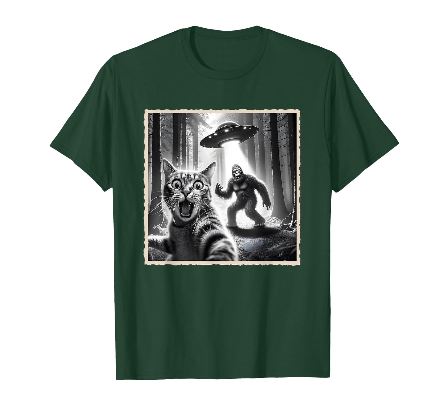 Cat Selfie With Bigfoot & UFO | Funny Sasquatch & Cat T-Shirt