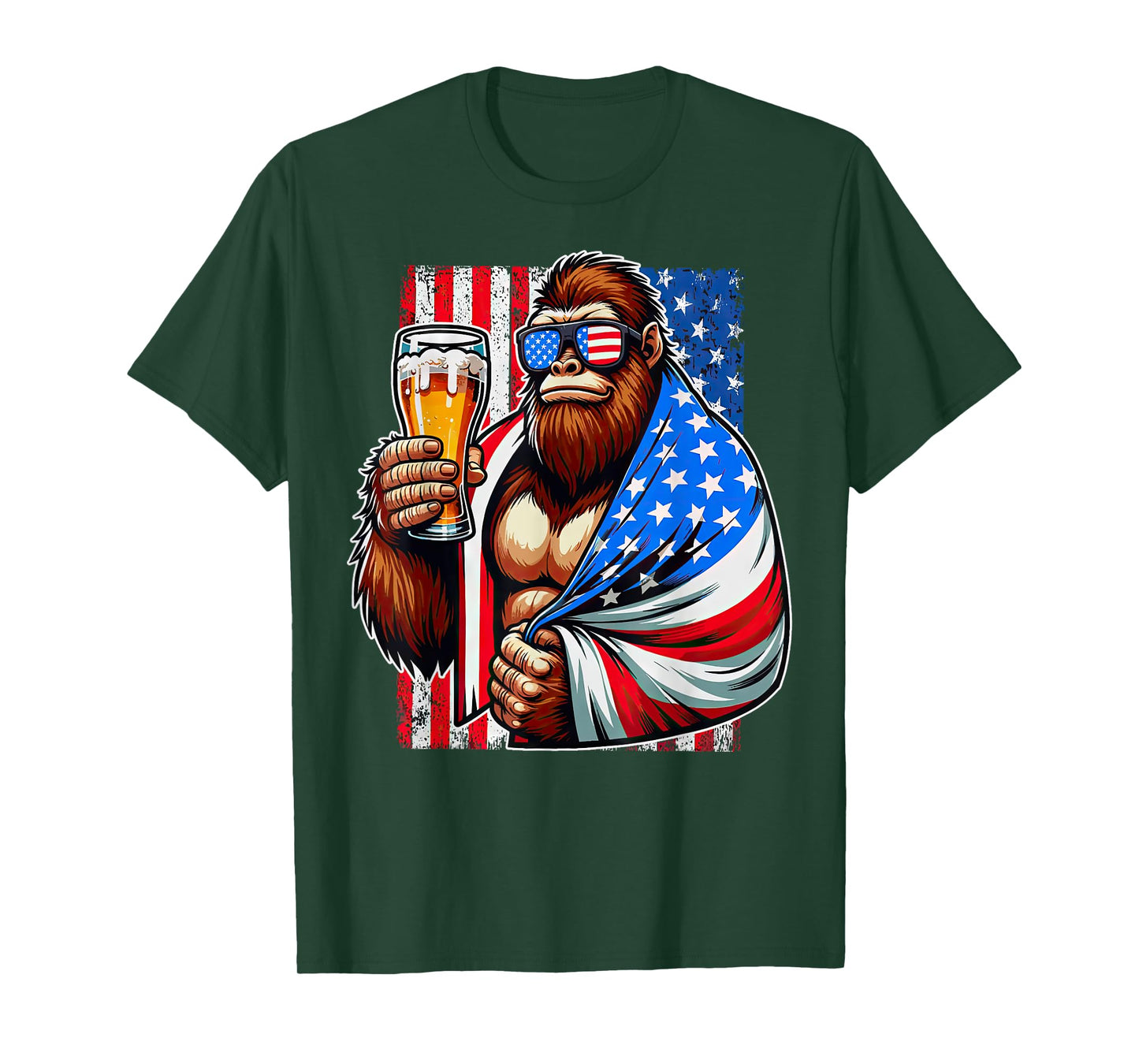 Bigfoot American Flag Drinking Beer 4th Of July Patriotic T-Shirt for Women Men