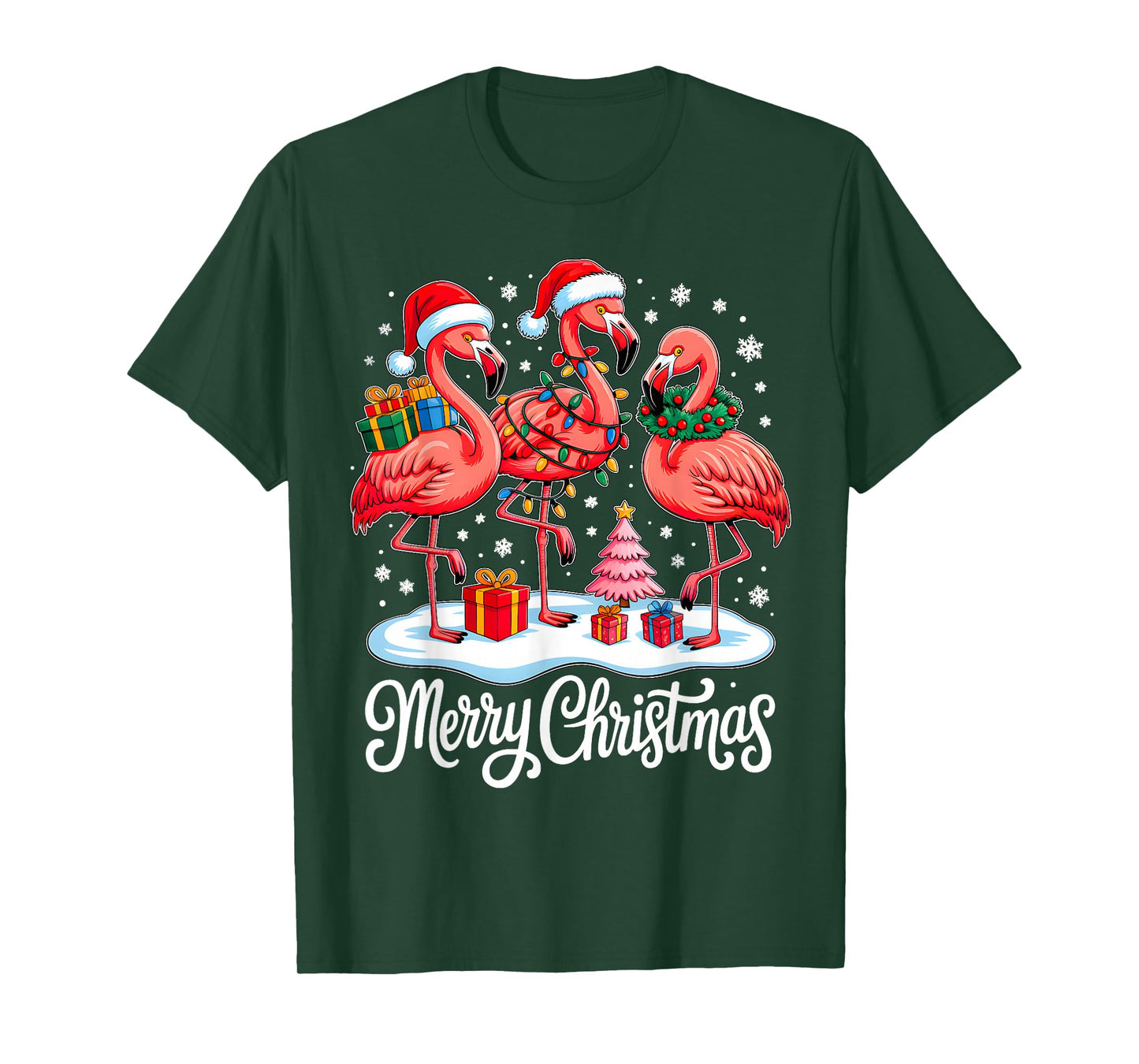 Merry Christmas Hat Santa Flamingo Light Xmas Women Girls T-Shirt