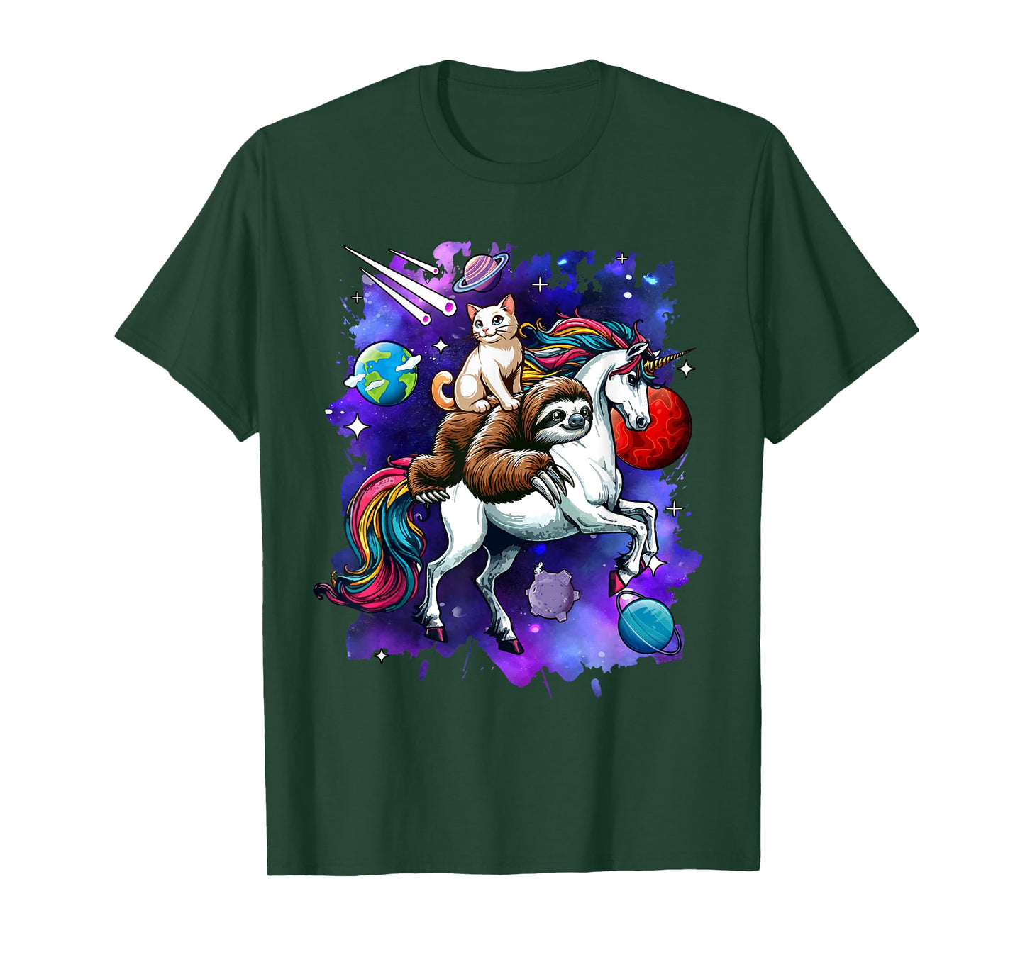 Cat And Sloth Riding Unicorn In Space Costume Galaxy T-Shirt for Men Women Kids