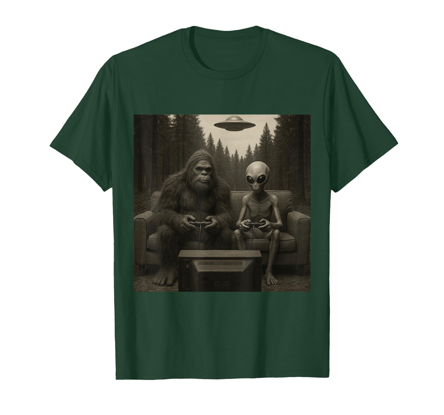Funny Bigfoot and Alien Playing Video Games. UFO and Bigfoot T-Shirt