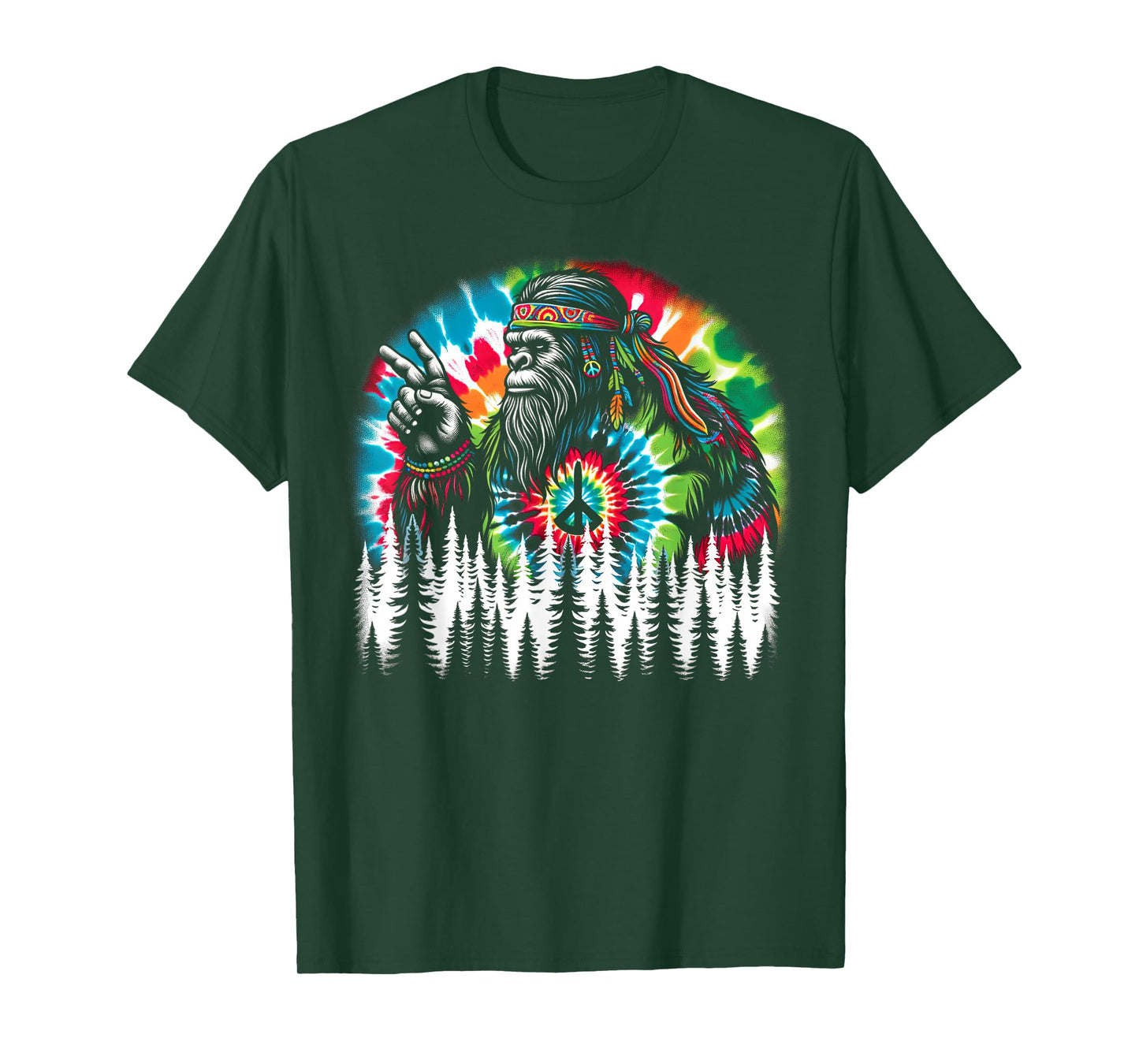 Hippie Bigfoot Peace Sign Tie Dye Forest Vibes T-Shirt
