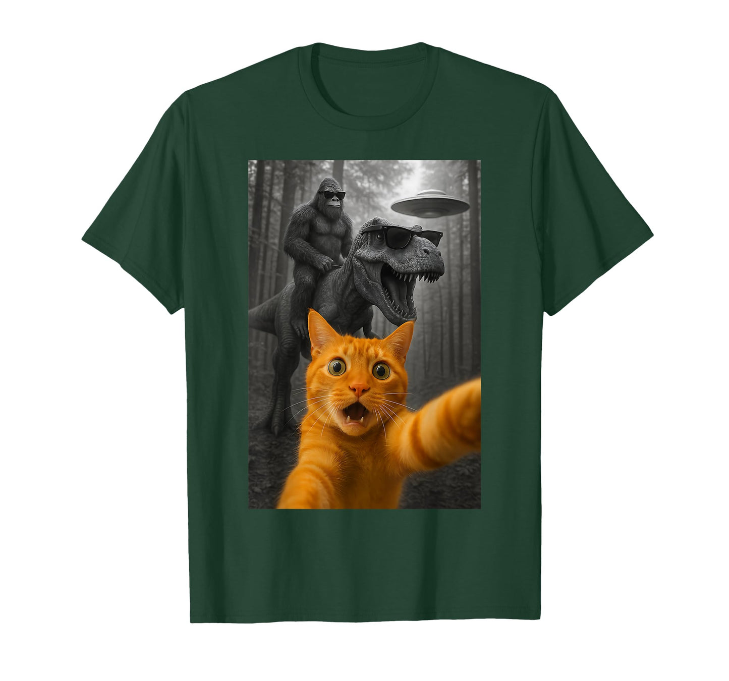 Cat Selfie with Dinosaur Bigfoot UFO Funny Graphic T-Shirt