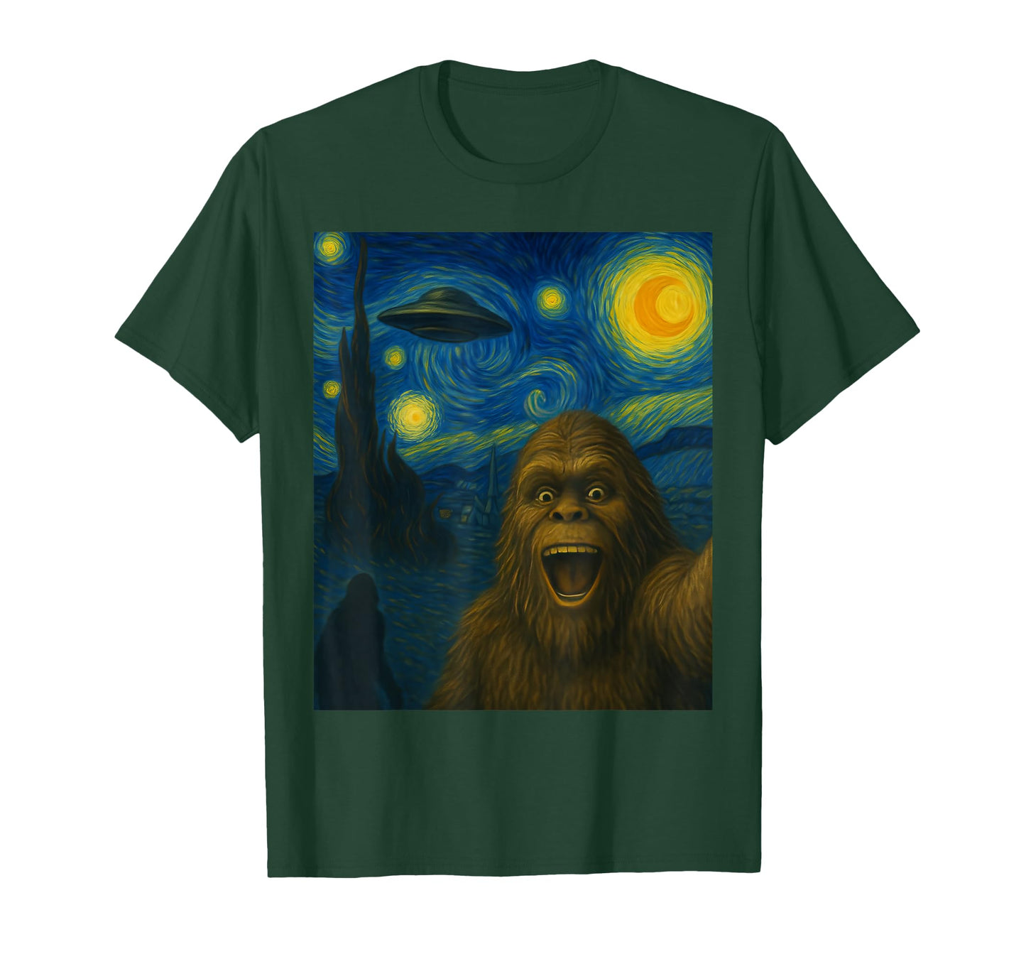 Sasquatch Selfie Big Foot On UFO Alien Starry Night Funny T-Shirt