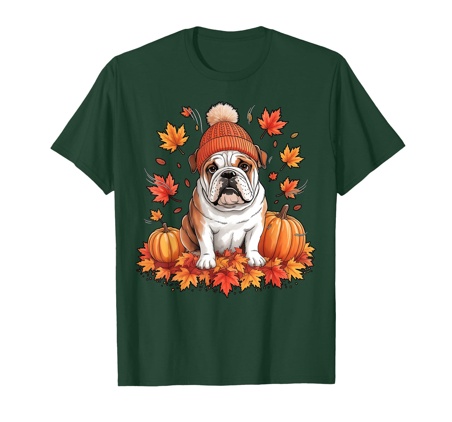 Funny English Bulldog Fall Scarf Autumn Leaves Dog Lovers T-Shirt