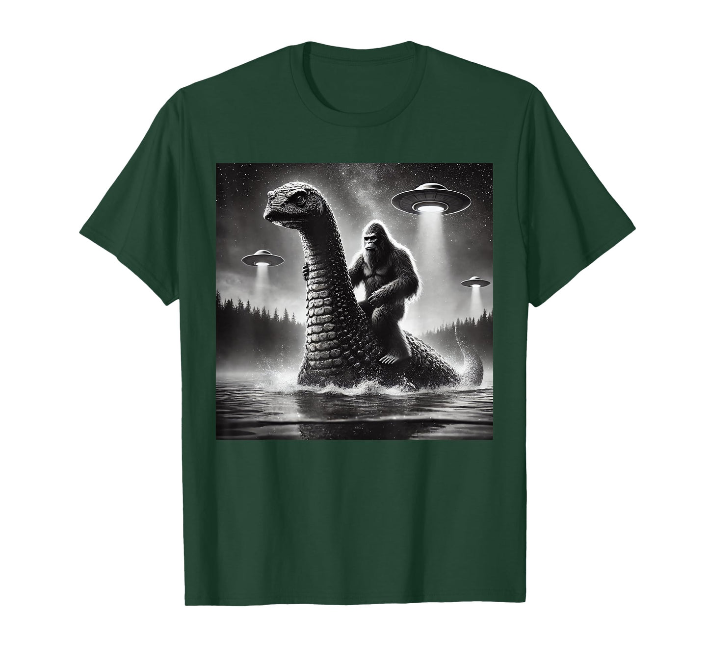 Bigfoot Riding Loch Ness Monster Alien UFO Funny Men Graphic T-Shirt