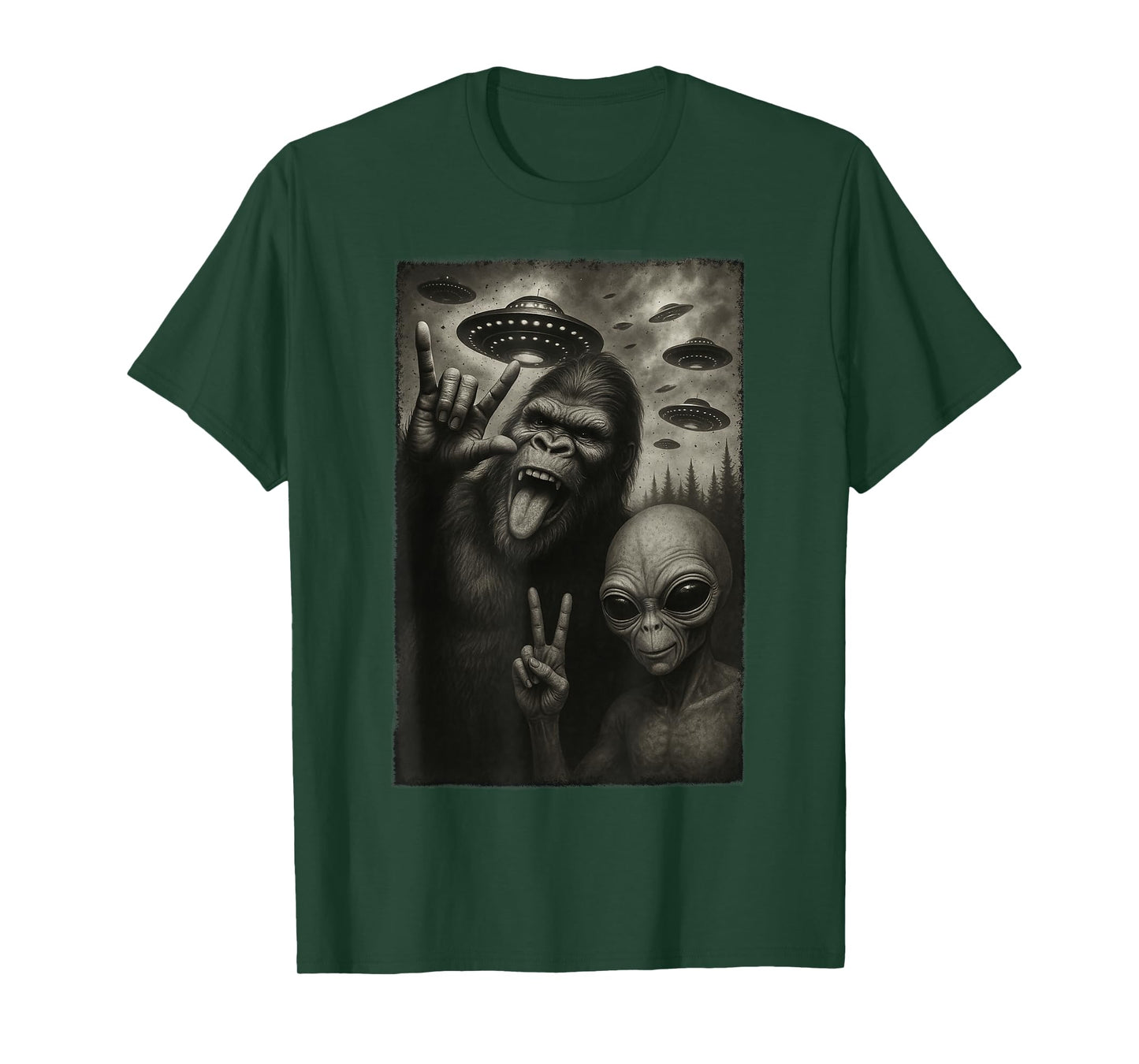 Funny Selfie Bigfoot Alien Sasquatch Rock On Hand Sign UFO T-Shirt